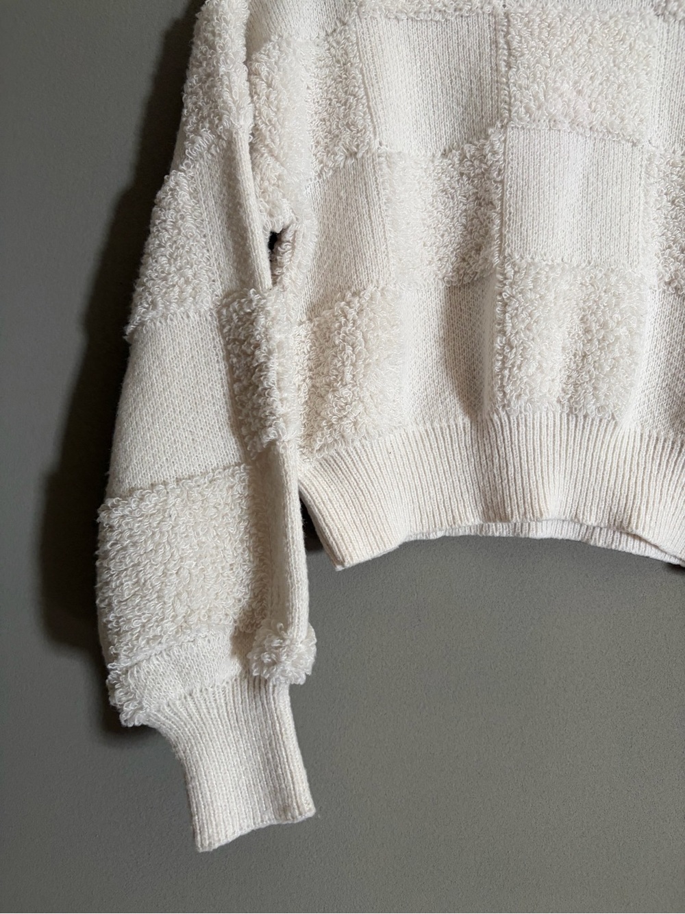 Altar’d State Cream Textured Checkerboard Sweater Cropped Balloon Sleeve Cozy - Picture 2 of 11